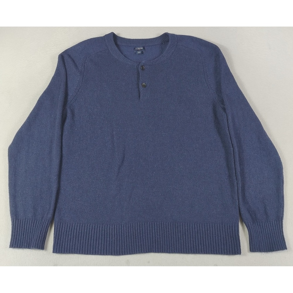 J.Crew Sweater Mens Large Blue Lambswool Blend Henley Knit Pullover Cabincore